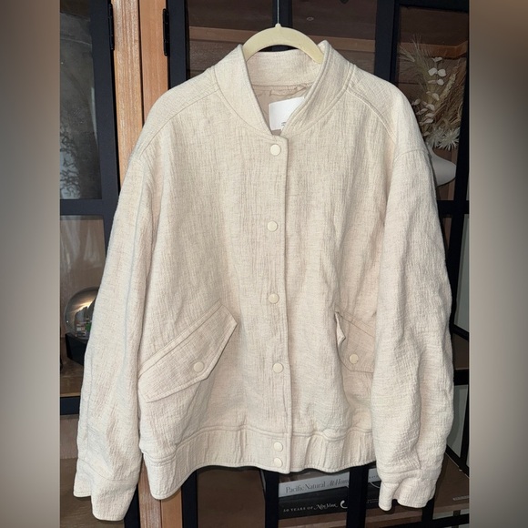 H&M Jackets & Blazers - H&M Crepe Linen Bomber Jacket Cotton Beige Cropped Coat Ecru Textured snap